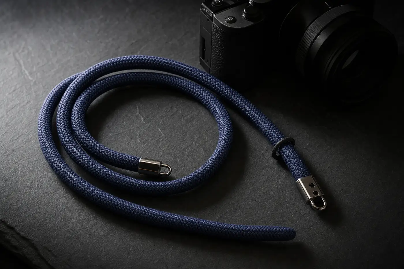 A camera and two straps arranged on a plain surface, ready to be compared