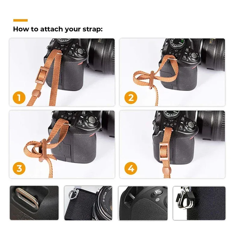 Four numbered steps showing the webbing cord threaded through the camera lug, looped back and locked under the flat tab
