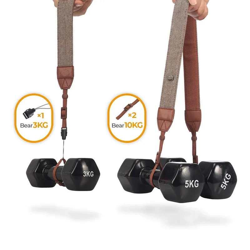 Supplier load test of the cotton and leather strap: one attachment cord holding a 3 kg dumbbell, both leather tabs holding two 5 kg dumbbells